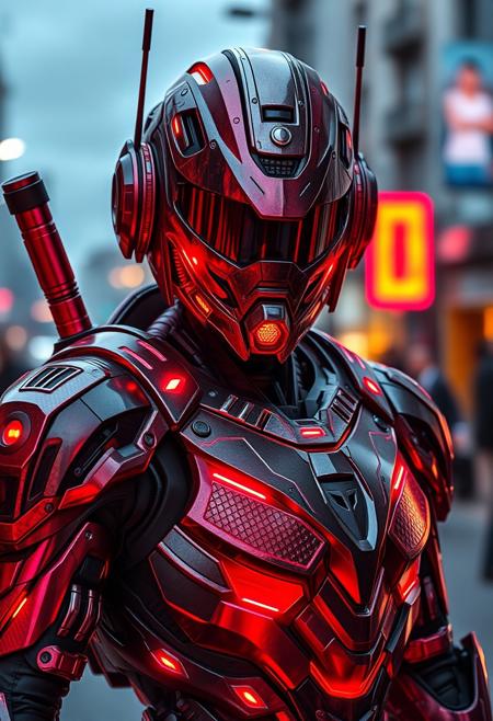 android with metallic advanced armor, weaponry, and helmet, neon red, street, overcast, reflection mapping, intricate design and details, dramatic lighting, hyperrealism, photorealistic, cinematic, 8k, 50mm f2 portrait photography, gfx100 camera, looking the camera, hard rim lighting photography. Highest-Quality, 4k, intricate details, visually stunning, Masterpiece
