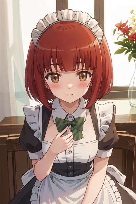 best quality, masterpiece, highres, solo, {maid:1.40}, {long maid dress:1.15}, {shinoda_akane_nonnonbiyori:1.15}, short_hair, brown_hair, brown_eyes, bangs, blush, anime_coloring, red_hair