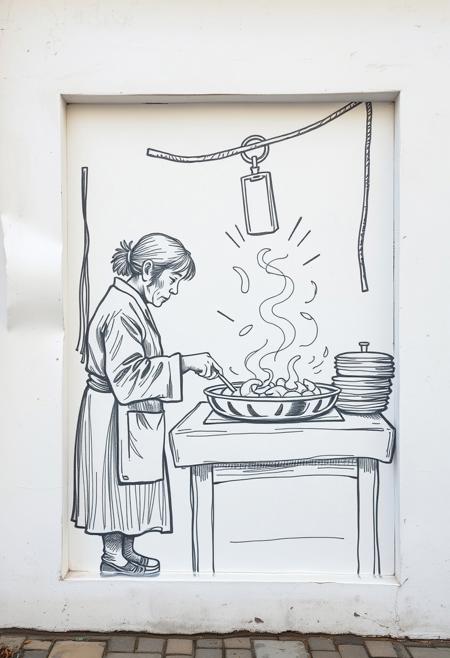 A hand-drawn sketch mural in a moody style, depicting a high-angle perspective of an elderly Chinese woman deep frying snacks in her food stall against a white background. The sketch uses rough lines, textured pencil strokes, and low contrast, with an elevated viewpoint.