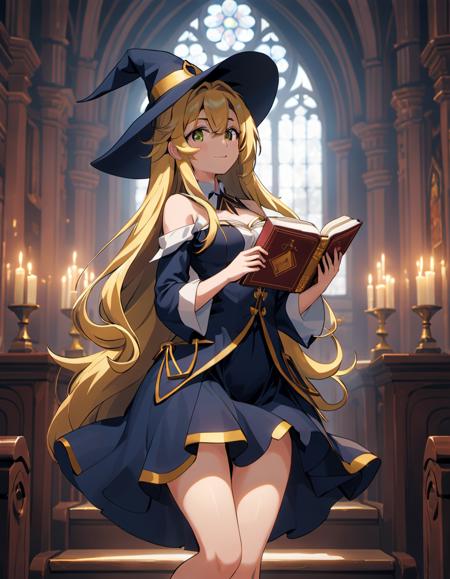 1girl,solo,anime,full body,witch,mysterious,smile,a elegant girl,in the church,bare breast,white thighhigh,short skirt,golden long hair,one hand holding a wand,the other hand holding a magic book,hands up,(embedding:unaestheticXLv13.safetensors:1.2),(embedding:negativeXL_D.safetensors:0.8),(masterpiece,best quality,ultra_detailed,highres,absurdres:1),(masterpiece, top quality, best quality, beautiful and aesthetic),ultra-detailed,an extremely delicate and beautiful,beautiful detailed face,clear face,best illustration,extremely detailed eyes and face,amazing,detailed and intricate,Highest image quality, beautiful delicate background,beautiful detailed glow,