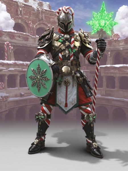 A gladiator in full armor made from interlocking candy canes, with red and white striped leg guards and a breastplate decorated with holly leaves. Their shield is shaped like a giant snowflake, and their spear glows with minty green energy. They stand in a candy-themed coliseum, with gingerbread walls and marshmallow clouds