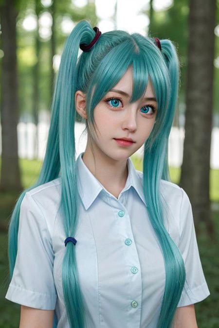 masterpiece, best quality, hdr, volumetric lighting,
1 girl, mikufb, cyan hair, long twintails, blue eyes, white shirt, collared shirt, pioneer uniform, short sleeves,
young, <lora:asian_beauty_v2:0.3>, 
closeup, detailed face, beautiful face, pretty girl
forest, daytime