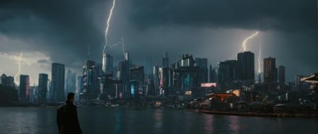 cinematic film still of  <lora:perfection style:0.3>
 <lora:detailed:0.1>
 <lora:Chiaroscuro Lighting Style:0.3>
 <lora:cyberpunk style v2:0.9>
 <lora:Cyberpunk Style:0.1>
In Cyberpunk city a city with a lightning bolt in the sky,outdoors,sky,cloud,water,no humans,night,cloudy sky,building,night sky,scenery,science fiction,rain,city,cityscape,skyscraper,lightning,city lights , science fiction, futuristic setting, detailed background, dramatic light, dramatic shadow light, contrast, cinematic color, cinematic look, filmic, realistic, realism, perfection, perfect, different, cinematic, film, cinematography, artstation, Cyberpunk city style, Cyberpunk style, shallow depth of field, vignette, highly detailed, high budget, bokeh, cinemascope, moody, epic, gorgeous, film grain, grainy