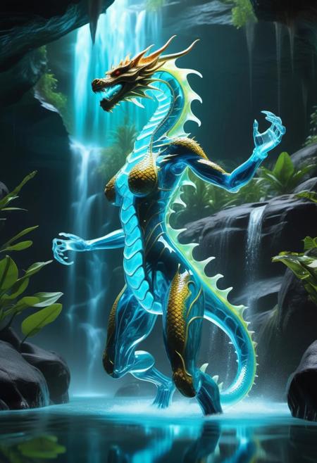 ((((translucent)))) and bioluminescent glass. liquid plasma, female humanoid dragon, full body dynamically posed, transparent ((xray art)), background tropical, water fall, illustration, extreme detail, digital art, 16k, ultra hd, oil painting, adult fantasy,sci-fi, bold colors, illustration, beautiful, cinematic lighting, highly detailed, , hyper-realistic, hyper-detailed, airbrush art, Bernie, ultra hd, realistic, vivid colors, highly detailed, UHD, perfect composition, beautiful detailed intricate insanely detailed octane render trending on artstation, 16k artistic photography, photorealistic concept art, soft natural volumetric cinematic perfect light, caustic reflections, heavy bokeh