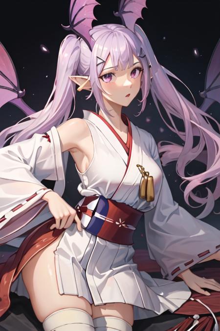 best quality, masterpiece, highres, solo, {white kimono:1.35}, {red hakama:1.35}, {wide sleeves:1.20}, {manticore_arknights:1.15}, long_hair, purple_hair, head_wings, pointy_ears, bangs, hair_ornament, purple_eyes, twintails, breasts, hairclip, tail