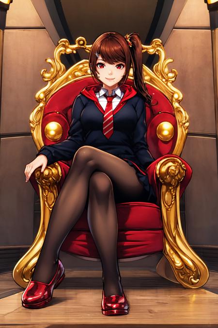 (masterpiece, best quality:1.2),  <lora:diabolumberto:1>, diabolumberto, 1girl, crossed legs, solo, sitting, pantyhose, brown hair, red eyes, throne, hair ornament, hairclip, hood, looking at viewer, necktie, skirt, chair, smile, black pantyhose, side ponytail, one side up, long sleeves, hood down, red footwear, bangs, red necktie, shoes