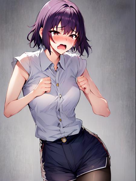 (exceptional, best aesthetic, new, newest, best quality, masterpiece, extremely detailed), 1girl, solo, tachibanayuu, crying, tears, full-face_blush, squinting, clenched_fists, open_mouth, wavy_mouth, embarrassed, looking_at_viewer, white_shirt, short_shorts, pantyhose, simple_background