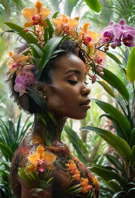 double exposure, elegant BLACK woman's outline entwined with jungle foliage, LOOKING AT THE CAMERA, vibrant bursts of orchids and bromeliads, intricate layered plant textures, soft bokeh highlights in background, ethereal blending of human and botanical forms, earthy warm color tones