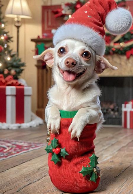 albino chiweenie sticking her head out of a Christmas stocking