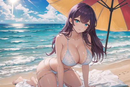 (masterpiece:1.6), (best quality:1.3), (intricate details, chromatic aberration, absuredres, official art), (solo focus), kneeling, messy hair, curvy, huge breasts, sitting, fit, <lora:surcoufAzurLaneSwimsuit_v108:1>, outdoors, beach, beach umbrella,