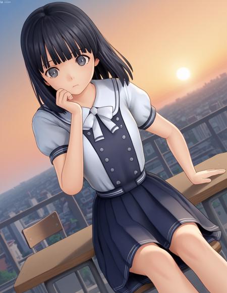 rinze himenogi, bangs, black hair, blunt bangs, black eyes, 3d skirt, dress, school uniform, short sleeves, puffy sleeves, black dress,