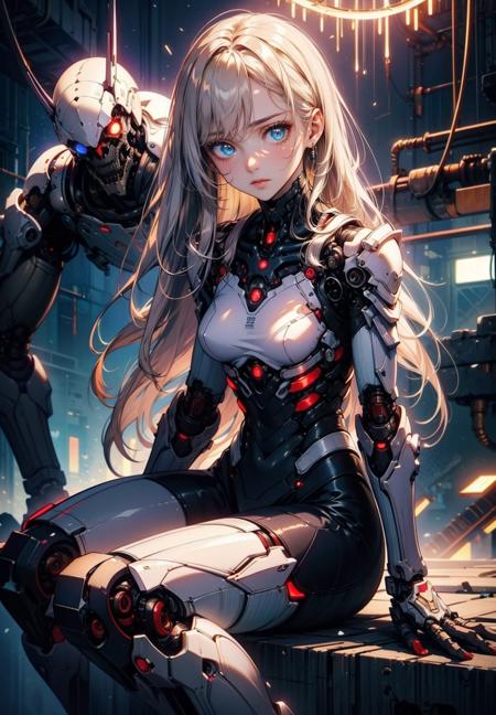 (best quality, masterpiece, colorful, dynamic angle, highest detailed)upper body photo, full body photo, fashion photography of cute 1girl, mechanical arms, cyborg, dark mood, dystopia, glowing, looking at viewer, sitting, long hair, bokeh (intricate details, hyperdetailed:1.15), detailed, light passing through hair, (official art, extreme detailed, highest detailed), upper body, collarbone, focus face, perfect face, focus face, perfect face, <lora:biomanic:1>