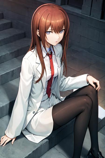 best quality, (masterpiece:1.5),(ultra-detailed), (high quality:1.3), (high resolution),makise kurisu, labcoat, 1girl, solo, sitting, stairs, sitting on stairs