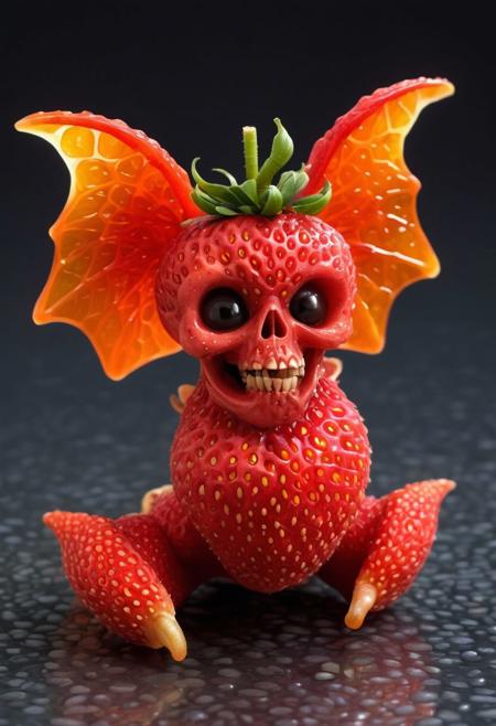Create an image of an adorable whimsical skull-like creature with the texture and color of a ripe strawberry. The creature's body is covered in a vibrant strawberry peel, with characteristic dimples and a slightly bumpy surface. Its wings are shaped like orange slices, with a semi-transparent appearance that allows light to pass through. The dragon's face is round and friendly, with large, expressive eyes, a small snout, and tiny horns that resemble the stem of a strawberry. Its tail is long and curled, mimicking the spiral pattern of a strawberry peel.