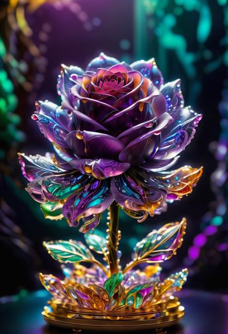 Purple crystal rose flower, strong focus on subject, strong bokeh, empty background, multicolor,<lora:SDXL\detailed_notrigger:0.5>, <lora:SDXL\add-detail-xl:0.5>, <lora:SDXL\SDXLFaeTastic2400:0.5>, <lora:SDXL\WowifierXL-V2:0.5>