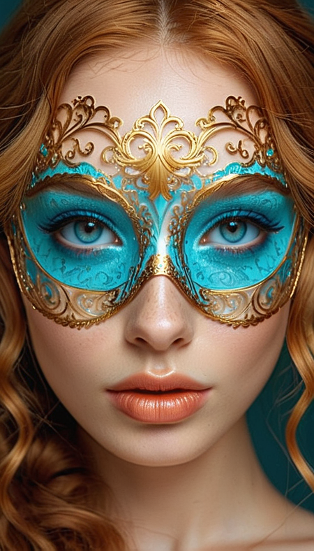 Close-up gorgeous girl face , cute, bang, freckles, striking turquoise large eyes, aligned eyes, mirror eyes, (half smile),
BREAK,
(wearing transparent Venetian Mask with intricate very detailed gold filigree), (thin detailed gold filigree), curly ginger hair, braid,
long lashes, trendy portrait,
tender Aesthetic nose, Aesthetic chin, ears, puffy lips, sensual lips, detailed texture, detailed eyes, detailed skin, clean skin,
<lora:Someplastic:1>, (ultra sharp focus:1.8), (detailed skin:1.8), (thin lines:1.8), (best quality:1.8),
<lora:Apparatus_-_Traction_City_Walkers_Vehicles:0.7>,
<lora:add-detail-xl:1> (ultra sharp focus:1.8), (detailed skin:1.8), (thin lines:1.8), (best quality:1.8),
<lora:glowneon_xl_v1:0.8>