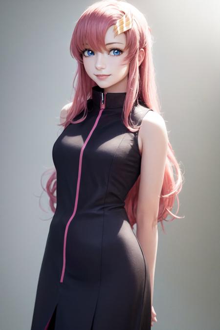 masterpiece, best quality, highres, 1girl lacus clyne blue eyes pink hair, straight hair, <lora:lacus_clyne:1> photorealistic, standing, leamning forward, arms behind back, smile