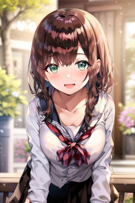 1girl, solo, skirt, brown hair, school uniform, open mouth, breasts, pleated skirt, blush, looking at viewer, shirt, long sleeves, serafuku, black skirt, smile, fang, outdoors, bangs, cleavage, blurry, white shirt, sailor collar, collarbone, blurry background, bow, :d, leaning forward, red bow, depth of field, standing, tree, black sailor collar, green eyes, red bowtie, day, bowtie, cowboy shot, (masterpiece,best quality)