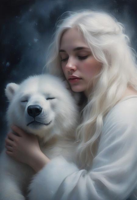 Impressionist painting, closeup of a young woman with white long hair hugging her huge fluffy white ice bear, closed eyes, contrast between love and distance, aesthetic bokeh dark gray background. Loose brushwork, play of light and shadow,  masterpiece, award winning,