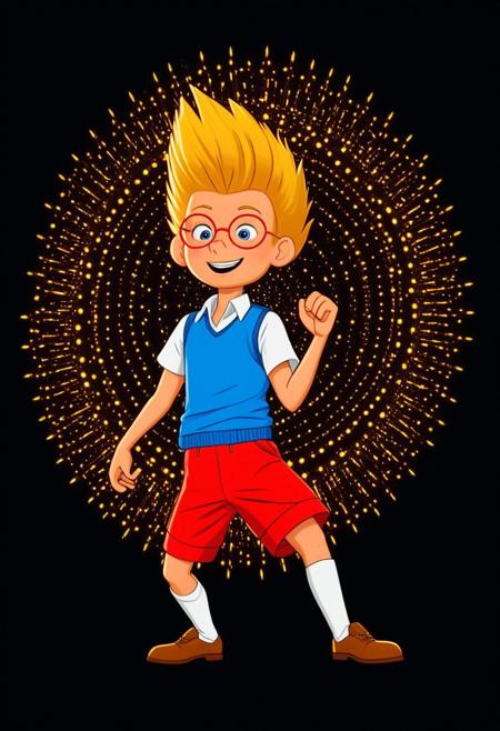 Character, Lewisrobinson, blonde spiky hair,red glasses, blue vest, red shorts, white shirt, cartoon style, brown shoes, white socks.  proud face, excited pose, in the style of golden future. gears are falling as meteor shower colored baroque geometric patterns float around the canvas in the style of colorful digital art. The image has a futurist aesthetic with a nice futuristic disorder and psychedelic color palette. Black background, neon lights, glitch art, surrealism, high contrast, vibrant colors, psychedelic patterns, ethereal glow. The overall mood should be one of happy tomorrow and hopefull beauty.It's like something in the style of science fiction.Lewisrobinson, cartoony, by Anonanim