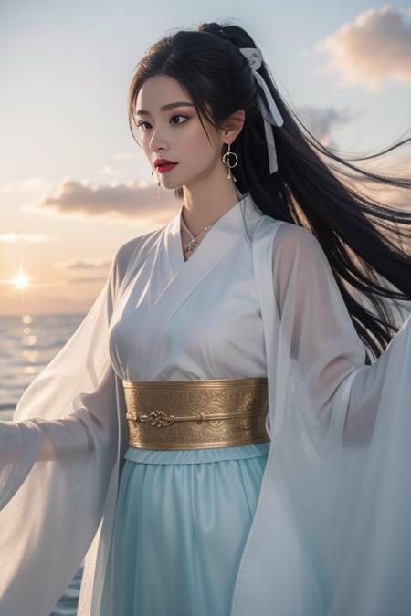 ltra-detailed,highly detailed,best quality,masterpiece,illustration,realistic,photorealistic,
hanfu, 1girl, solo,
chinese clothes,see-through sleeves, obi, hair ribbon, jewelry, earrings, necklace,
makeup,
upper body, looking at viewer,
outdoors,sky, day, cloud, dawn,sun,wind, floating hair, floating clothes,
sunlight, lens flare,
<lora:white hanfu_v1_01:0.7>