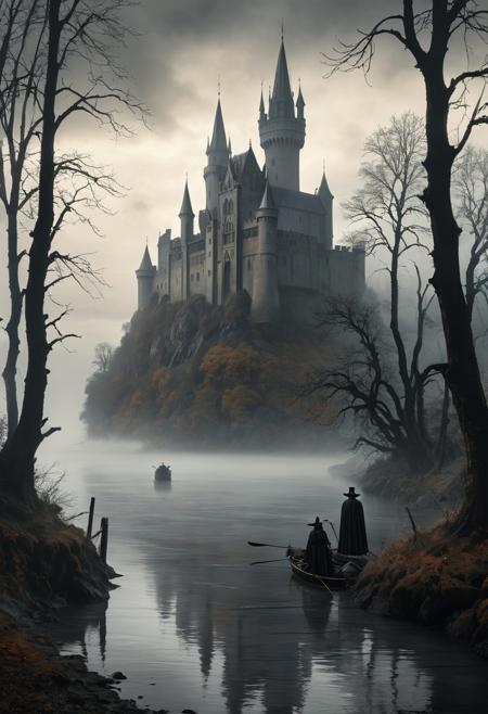 This haunting, gothic illustration depicts a mist-shrouded landscape dominated by towering, spired castles looming over a dark river. On the riverbank in the foreground, three mysterious figures in long cloaks and wide-brimmed hats stand in shadow, one of them beside a bicycle, all facing the eerie castle across the water. The skeletal trees and fog-drenched environment contribute to the ominous atmosphere, as light flickers from the windows of the distant fortress. The muted, monochromatic color palette of greys and sepia tones adds a timeless, ghostly quality to the scene, evoking themes of mystery, horror, and dark fantasy.
