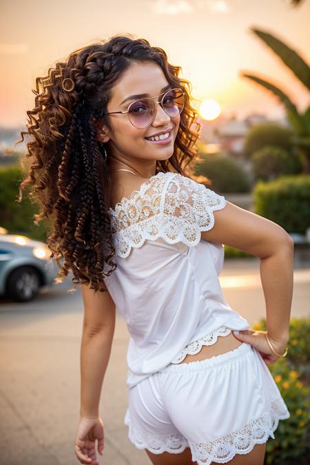 (dynamic pose:1.2),(dynamic camera),photo RAW,((close-up:1.3),a smiling European young_woman in Scalloped shorts and a tee,Mahogany Brown,Long Twist-Out Hairstyle,Flip-up Sunglasses,sunset,sunrays,look to camera,(bokeh:1.3)), masterpiece, award winning photography, natural light, perfect composition, high detail, hyper realistic, (natural colors, correct white balance, color correction, dehaze,clarity)