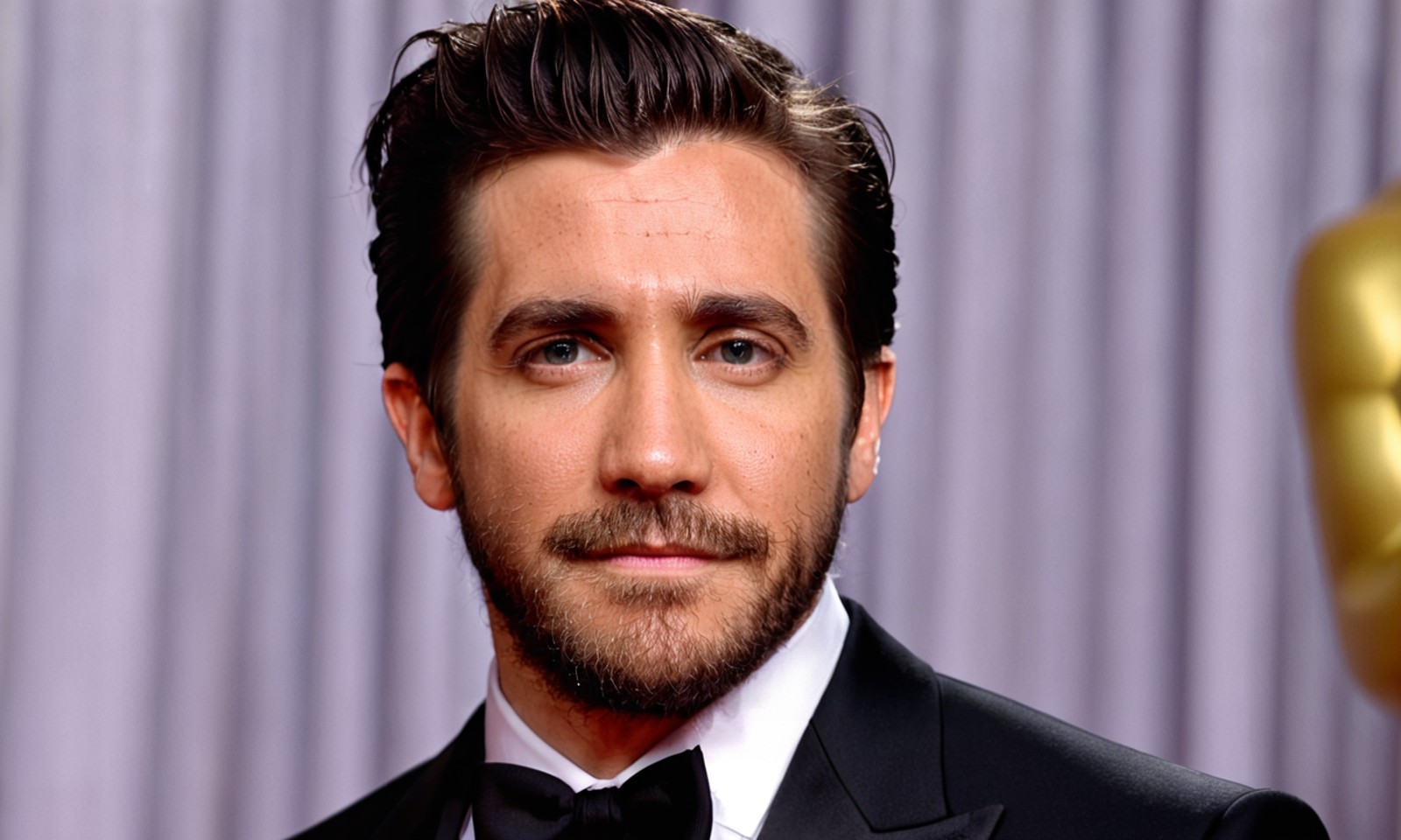 Gyllenhaal, <lora:gyllenhaal-128:0.9>, black hair, beard, on the academy awards, medium full shot