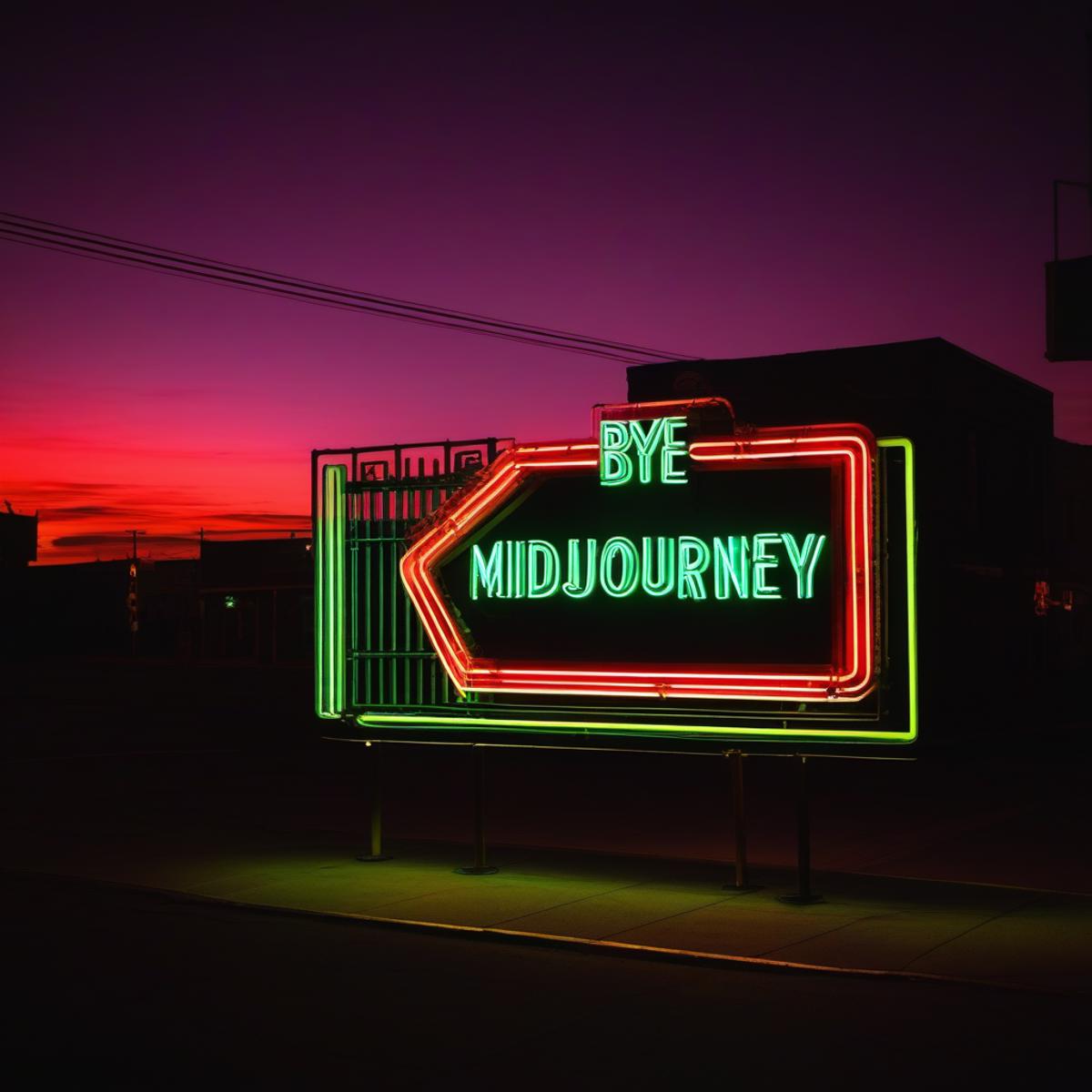 A neon sign that says "Bye Mid Journey" sits on a sidewalk.