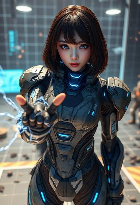 a beautiful Japanese woman, 20 years old, with shoulder-length dark brown hair and sapphire blue eyes, wearing a high-tech mecha suit with digital camouflage patterns and blue neon accents. She is standing in a digital battlefield simulation, with grids, virtual enemies, and digital debris around her. Her stance is ready for action, with a high-tech weapon in hand. FuturEvoLabMecha, ,, her hand crackling with electricity as she gazes directly at the camera. ,gigantic boobs,looking at viewer,from front,
