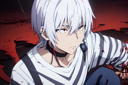 pha accelerator, 1boy, (red eyes:1.4),  accelerator (toaru majutsu no index), constricted pupils, white hair, shirt, solo, choker, striped shirt, striped, albino, earphones, pants, hair between eyes, short hair, collarbone, white shirt, expressionless, explosion,
(masterpiece:1.2, best quality), (finely detailed beautiful eyes: 1.2), (detailed background,dark fantasy), high contrast, ((cinematic light)), colorful, hyper detail, dramatic light, intricate details, (blood splatter:1.4), swirling black light around the character, depth of field,black light particles,(broken glass),magic circle,
<lora:accelerator-v1-ph_16:1>