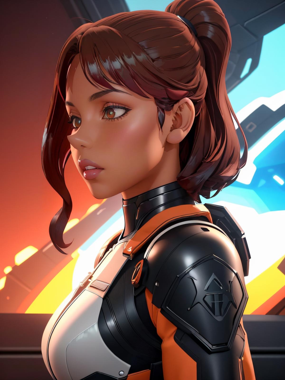 A 3D animated female character wearing a black and orange armor.