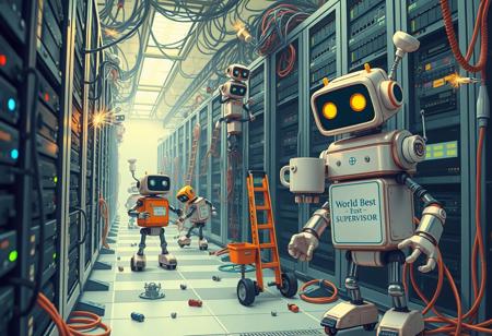 A whimsically chaotic data center where tiny, bumbling robots go haywire. Dressed in miniature mechanic outfits, these endearingly clueless robots clamber up server racks with comically oversized tools, and roll around on squeaky wheels carrying tangled cables and mismatched parts. Sparks fly comically from overheated servers, while robots on ladders juggle spanners and drop screws, causing a frantic buzz. Under the soft glow of blinking lights and colorful, tangled mess of cables, a larger, frazzled robot with a coffee mug reading “World’s Best Supervisor” tries (and fails) to organize the mayhem, utterly exasperated at the pint-sized disaster their tiny co-workers are creating.
