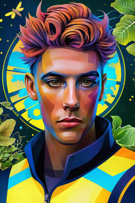 mgcgeomrkr a young man as a ((pixie gardener)) with ((curl hair)) (((sci-fi, future war, cyberpunk, cyborg, future fashion, beautiful face, glowing tattoos))) at a gym, neoclassicism, decorative lighting, golden hour, detailed skin pores, Square Miniature painting art by Chris Mars