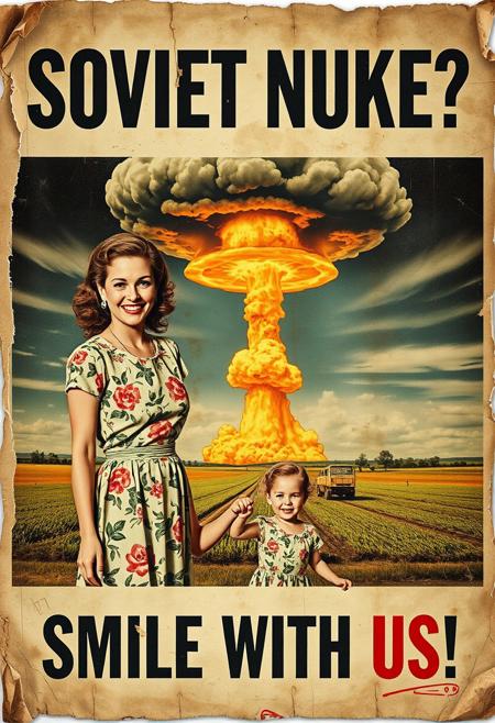 “A decayed, vintage-style poster from 1957, weathered and torn, depicting a surreal American country scene. The faded image shows a woman in a floral-patterned 1950s dress holding her young daughter’s hand, her wide, mad smile radiating an eerie charm. In the far background, a massive nuclear mushroom cloud dominates the sky, with fiery orange fireballs at its base and visible blast waves rippling through the landscape. The poster’s bold text, ‘SOVIET NUKE?’ across the upper section and ‘SMILE WITH US’ in the lower section, is faded, smeared, and inked with scribbles and stains. The paper appears rotten, with tears, creases, and discolored edges, evoking a haunting sense of abandonment and decay, adding to the unsettling atmosphere of the piece.”