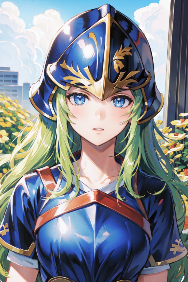 1girl, solo, blue armor, helmet, looking at viewer, upper body, outdoor,