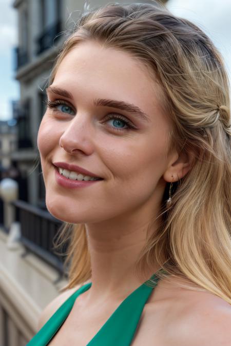 Professional photograph of GW Woman, close up, portrait, she has long blonde hair combed to the sides, she's standing on the balcony of her apartment in London, smiling at the viewer, wearing earrings, red lipstick and eyeliner, it's a toothy smile, light green eyes with beautiful iris. She's wearing a (black sundress). (landscape view of London city in the background), cloudy sky, ray-tracing, sunrays, photorealistic, 4k, 8k, masterpiece, by bokeh, absurdres, highest quality <lora:GaiaWeiss-1599-byMal:1>