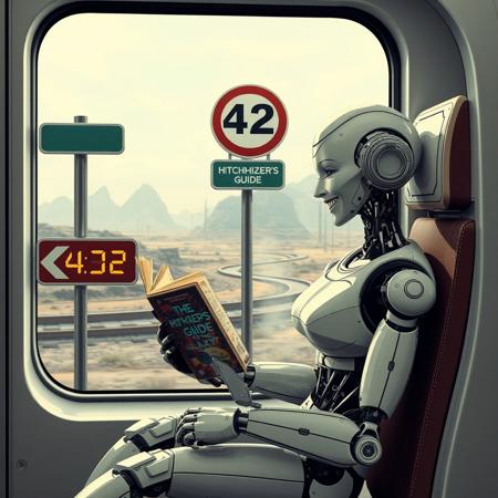 Robot humanoid woman sitting in futuristic train and reading a book "The Hitchhiker's Guide to the Galaxy", she is laughing. Train is passing by post with sign 42. There is electronic clock showing time 4:42 in train. train is passing by futuristic landscape.