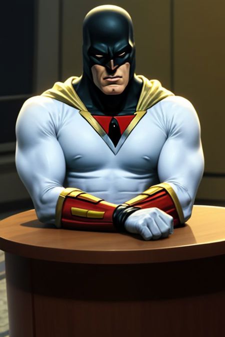 spaceghost energy hands energy beam no mask behind desk yellow cape flowing yellow cape