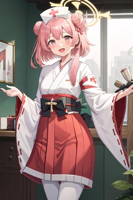 best quality, masterpiece, highres, solo, {white kimono:1.35}, {red hakama:1.35}, {wide sleeves:1.20}, {serina_bluearchive:1.15}, pink_hair, halo, pink_eyes, hat, blush, smile, ribbon, open_mouth, nurse_cap, bangs, hair_bun