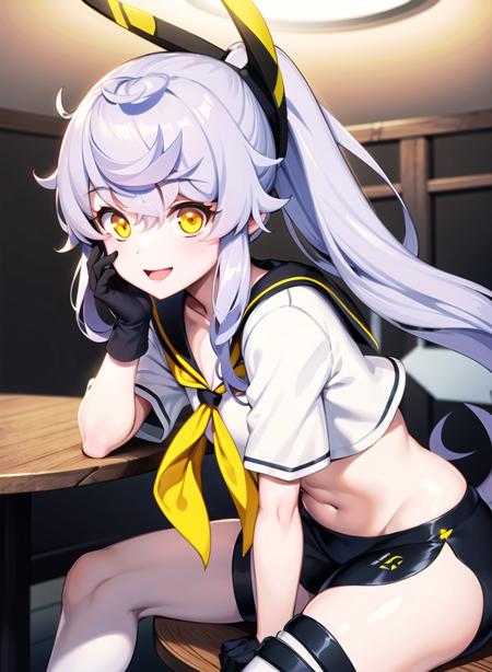 1girl,masterclass,best quality, illustration, PurifierDefault, indoors,sitting,table,black_gloves, black_shorts, crop_top, headgear, looking_at_viewer,  midriff,    ponytail,  sailor_collar, sailor_shirt,  short_sleeves,  smile,     yellow_neckerchief,  micro_shorts, black_sailor_collar,  <lora:purifier_D8_V2_e6:1>