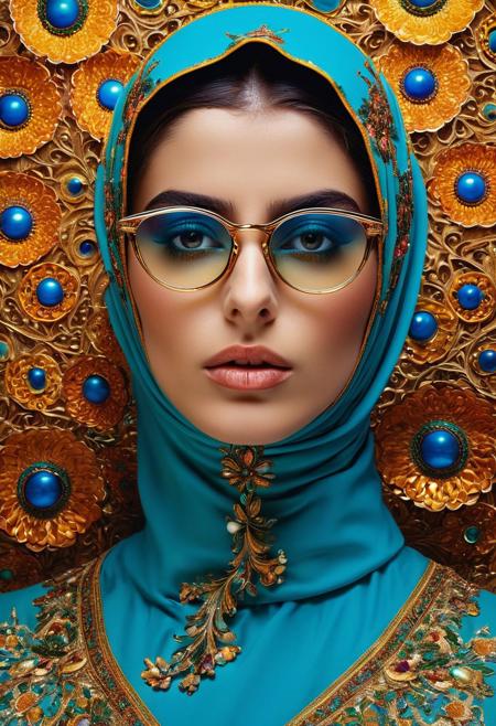 Persian color palette , Persian art, Persian girl, Persian, Iranian, Iran,nun, WEARING DARK, SHINY GLASSES folk costumes (Lina Cavalieri: 1,2) (8k, RAW photo, highest quality), hyperrealistic, intricate abstract, intricate artwork, abstract style, otherworldly, mesmerizing parallel dimension, gravity defies logic, abstract masterpiece, interplay of floating objects, distorted silhouettes, vivid hues, ethereal light, weightlessness in an unknown realm, non-representational, colors and shapes, expression of feelings, imaginative, highly detailed, extremely high-resolution details, photographic, realism pushed to extreme, fine texture, 4k, ultra-detailed, high quality, high contrasthanfu,clear face, Ultra High Resolution, wallpaper, 8K,Rich texture details, hyper detailed, detailed eyes, detailed background, dramatic angle, epic composition, SimplepositiveXLv1 (masterpiece, high quality, ), , , model photoshoot, , a stylish girl, (by Andreas Gursky:1,3)