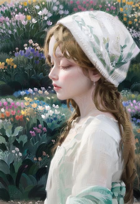 1girl, solo, flower, closed eyes, long hair, head scarf, brown hair, upper body, long sleeves, dress, plant, white dress, profile, from side, realistic, oil painting<lora:water_lily:0.9:OUTALL>