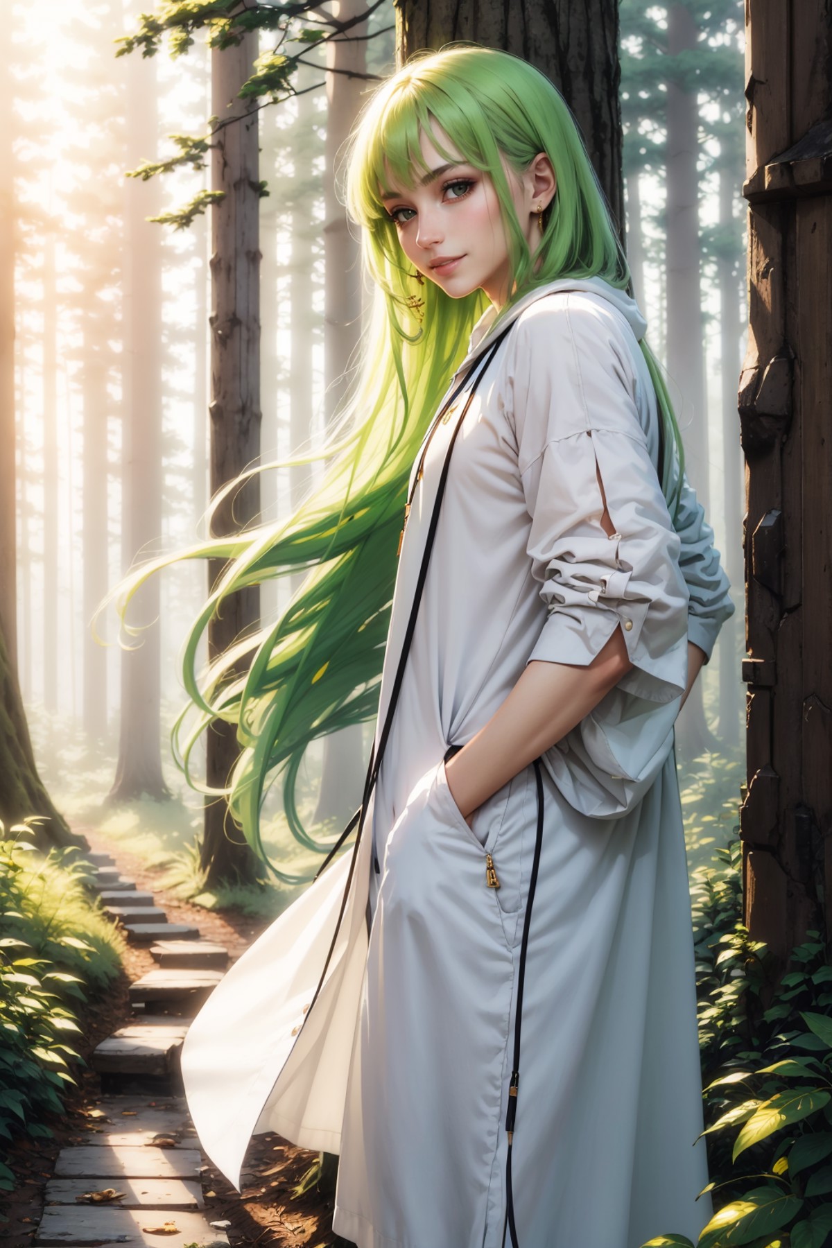 masterpiece, best quality, enkidu, white robe, white pants, serene smile, standing, looking at viewer, forest, from side <...