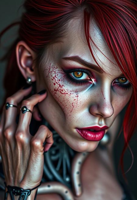 full body image of a gorgeous biomechanical zombie realistic woman, highly detailed and textured, wide angle, very realistic and impressive, fantastic dramatic color, 32K, HDR, SHARP
