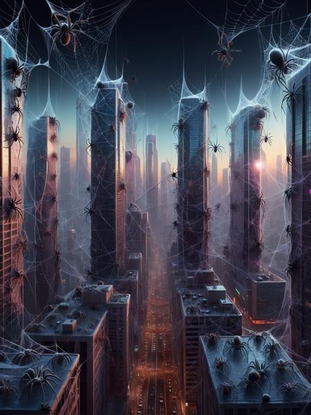 A bustling futuristic cityscape at twilight, with towering skyscrapers and neon lights reflecting off shiny surfaces, all intricately covered in ais-spiderz webs, creating a surreal and eerie atmosphere <lora:Spiders_Style_SDXL:1>