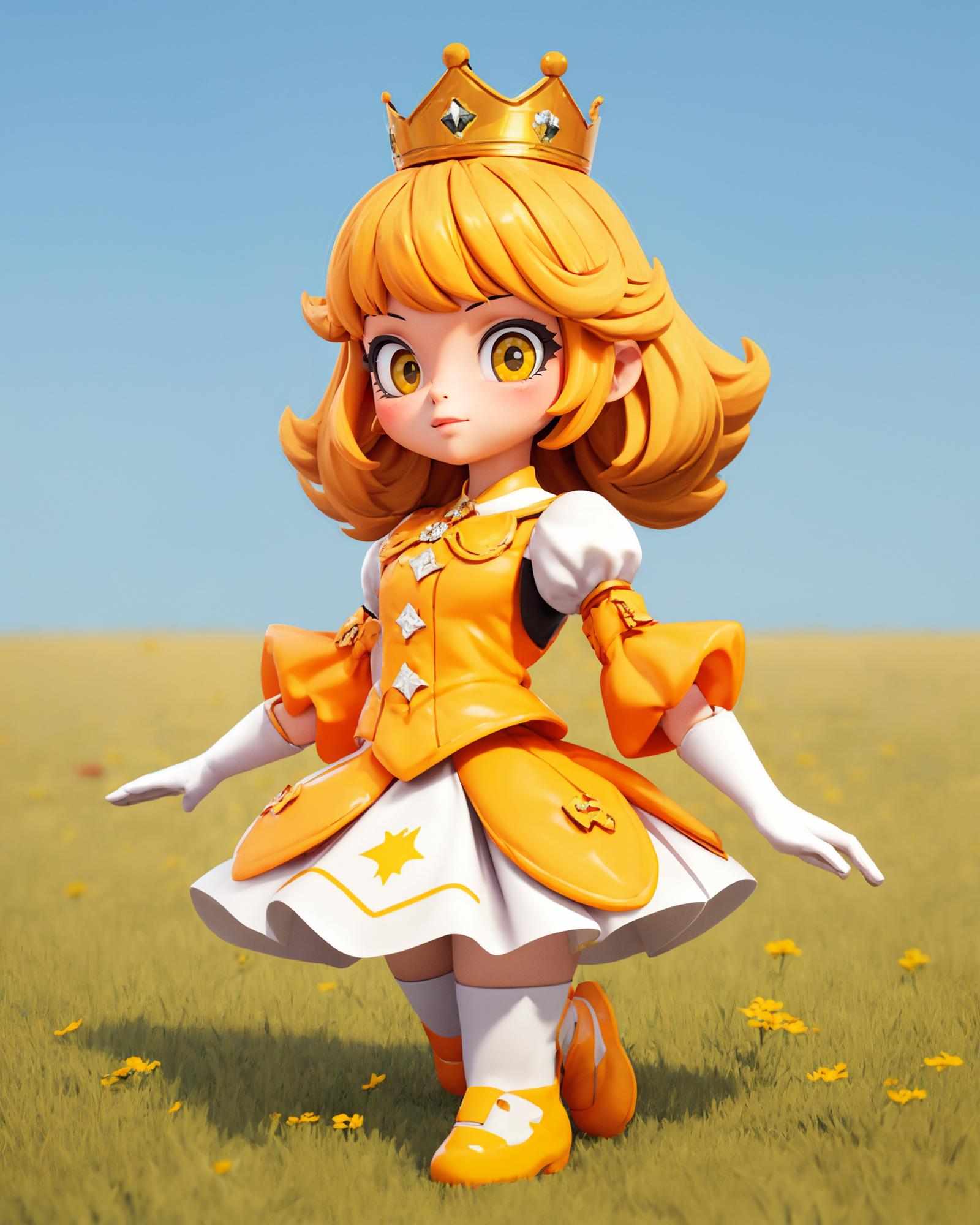 A Yellow Doll Wearing a Crown, Dress, and Boots, Standing in a Field of Yellow Flowers