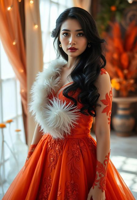 Fashion photography of a striking beautiful asia perfect curvy body beautiful woman with long, flowing black hair and piercing brown eyes that captivate the viewer. 
The scene is in front view, full shot portrait, shoulder level, straight on angle. Her soft white fur, resembling delicate curls, adds a whimsical texture to the scene. She wears an Burnt Orange Ball Gown: A glamorous, vibrant red gown with intricate detailing, displayed elegantly on a mannequin, creating a bold contrast against lighting vivid romance accents in the environment.
The setting merges fantasy and rustic charm, blending elements of rural life with organic, flowing designs. A magical atmosphere permeates the scene, with cinematic perfection captured in intricate, stunning fine details. The overall composition evokes a fertile and enchanting world, combining the grace of high fashion with the dreamlike allure of an elaborate, otherworldly narrative.