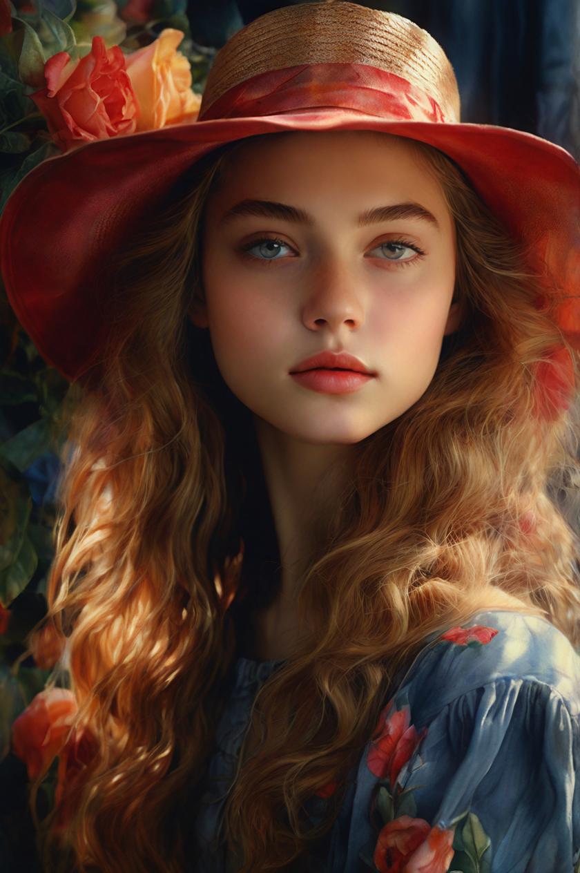 Realistic watercolor painting of a girl with a hat, in the style of photobashing, by David Nordahl and Peter Paul Rubens, soft and dreamy lighting, intricate details, (closeup shot), vibrant colors blending together seamlessly.