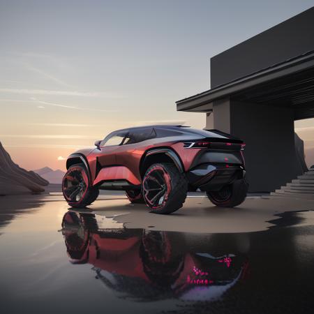 1 car,suv,simple future concept speedform, futuristic form, muscular volume,  floating vehicle, science fiction, reflection paint, reflective ground, cardesign world, car design trend 2023,crimson pearl metallic paint,  lens flare,  blender cycles render style, sunset view reflected on the surface,